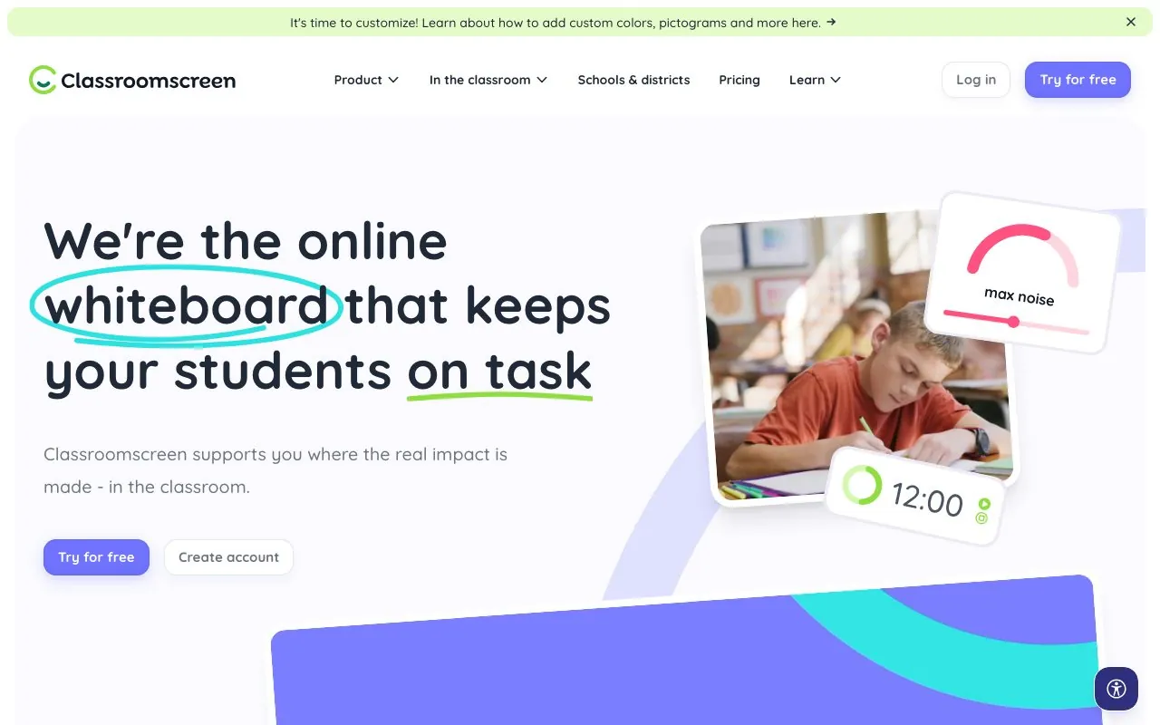 The Classroomscreen homepage showing its max-noise widget